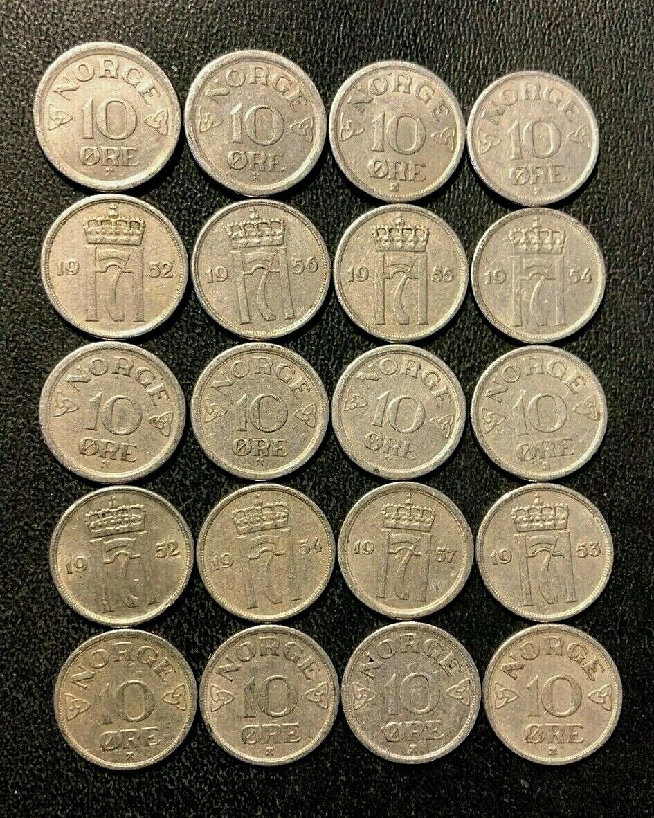 Vintage Norway Coin Lot - 10 Ore - 1952-1957 - 20 Great Coins - Free Shipping