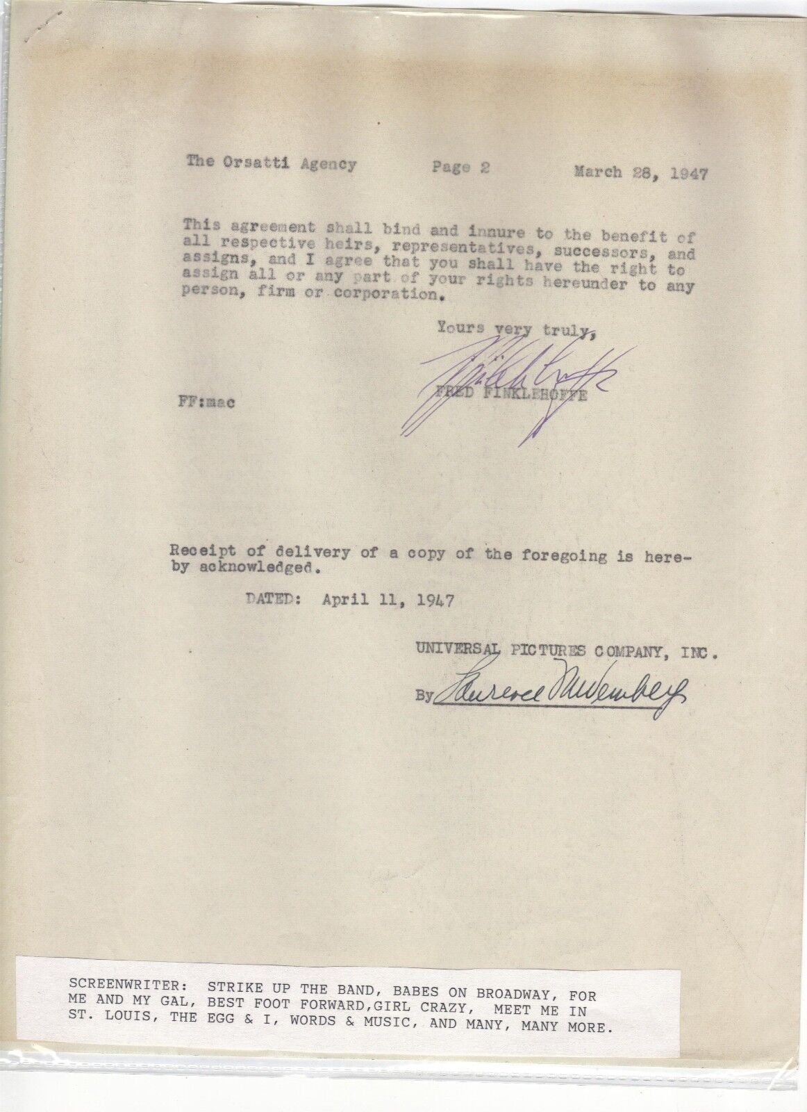 Fred Finklehoffe -" Meet Me In St. Louis" Screenwriter-2 Page Agreement-1947