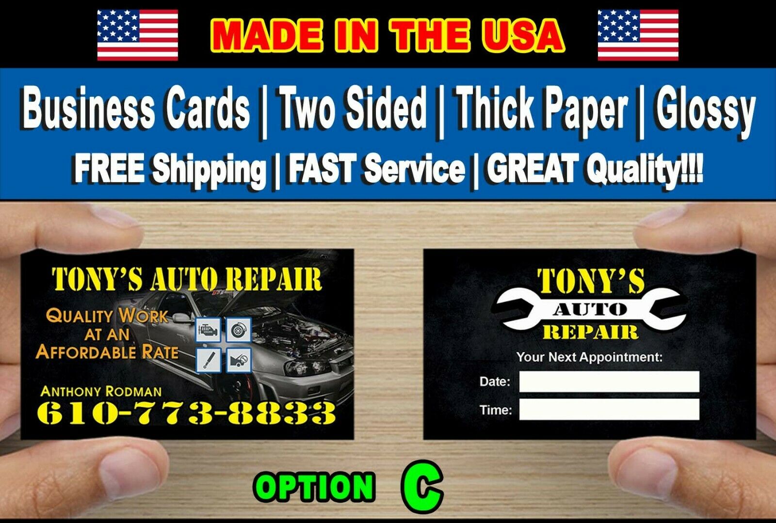 1000 Mechanic Auto Car Repair Shop Personalized Business Cards Full Color 2 Side