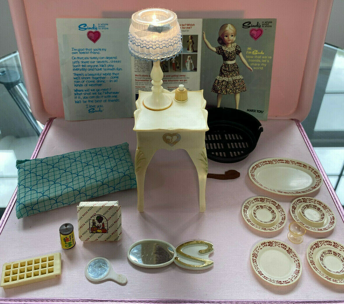 Vintage Sindy Marx Doll Lot Lighted Bedside Table Brochure Dishes Foods Grill