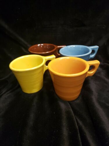 Lot Of 4 Mccoy Hull Pottery Ceramic Mugs Colored Lines Brown, Gold, Blue, Orange