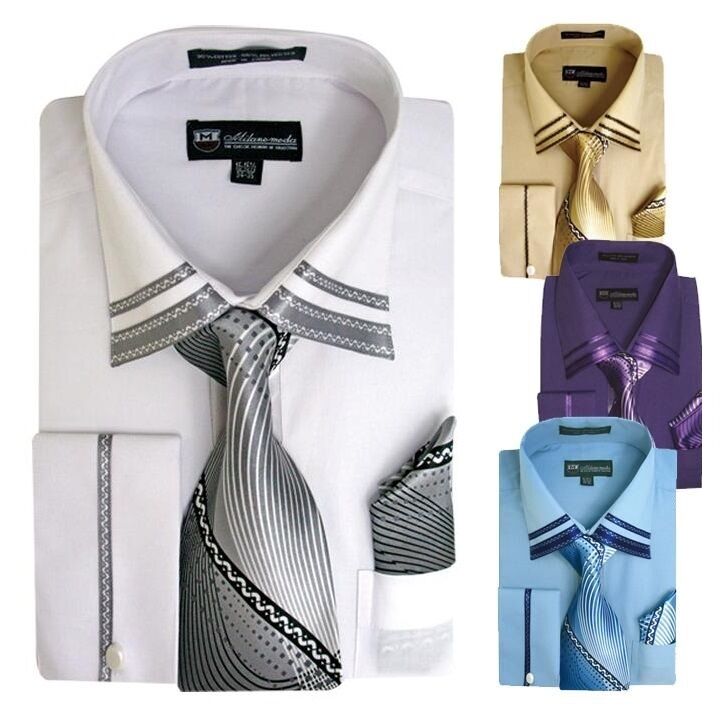 Men's French Cuff Casual Dress Shirt + Matching Tie And Hanky Set #28