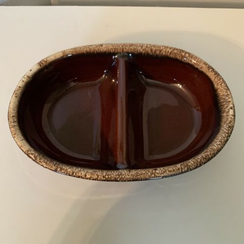 Hp & Co Hull Pottery Divided Dish Vegetable Bowl Brown Drip Glaze Usa Ovenproof