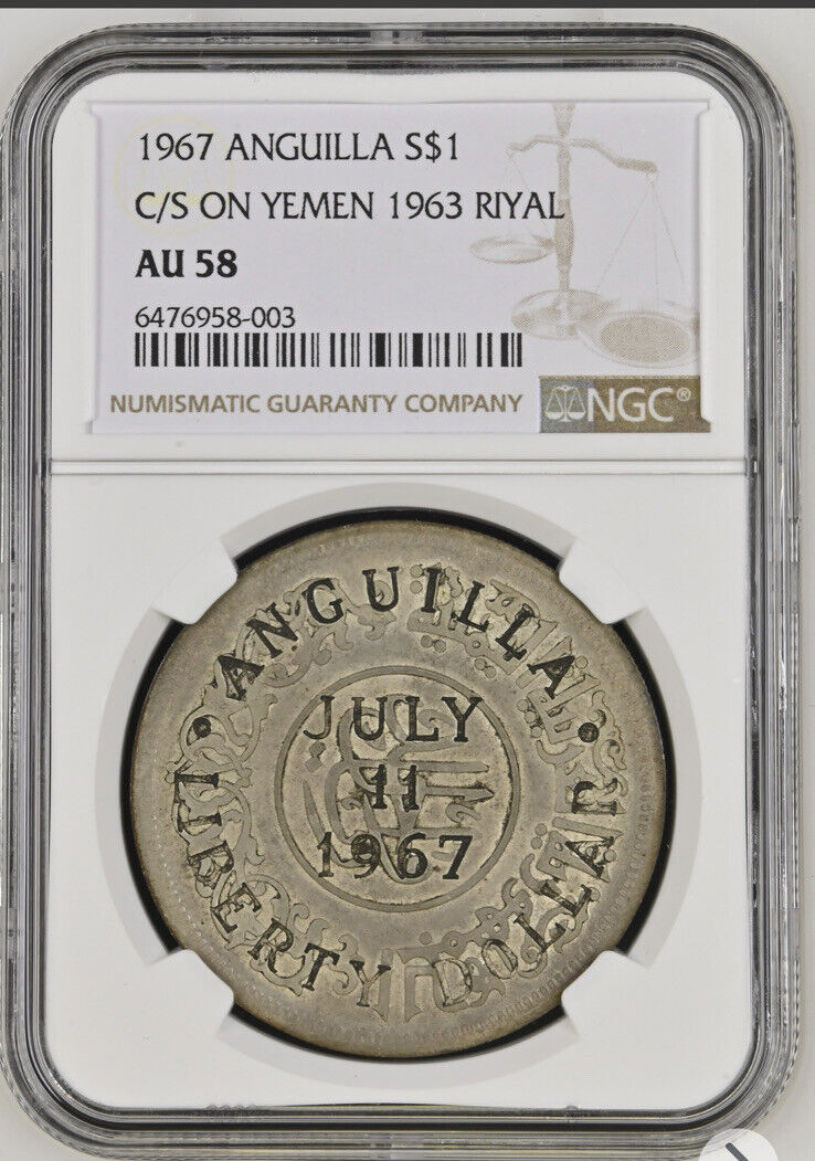 1967 Anguilla Silver $1 - C/s On 1963 Yemen Riyal Ngc Au58 (top Pop Coin)