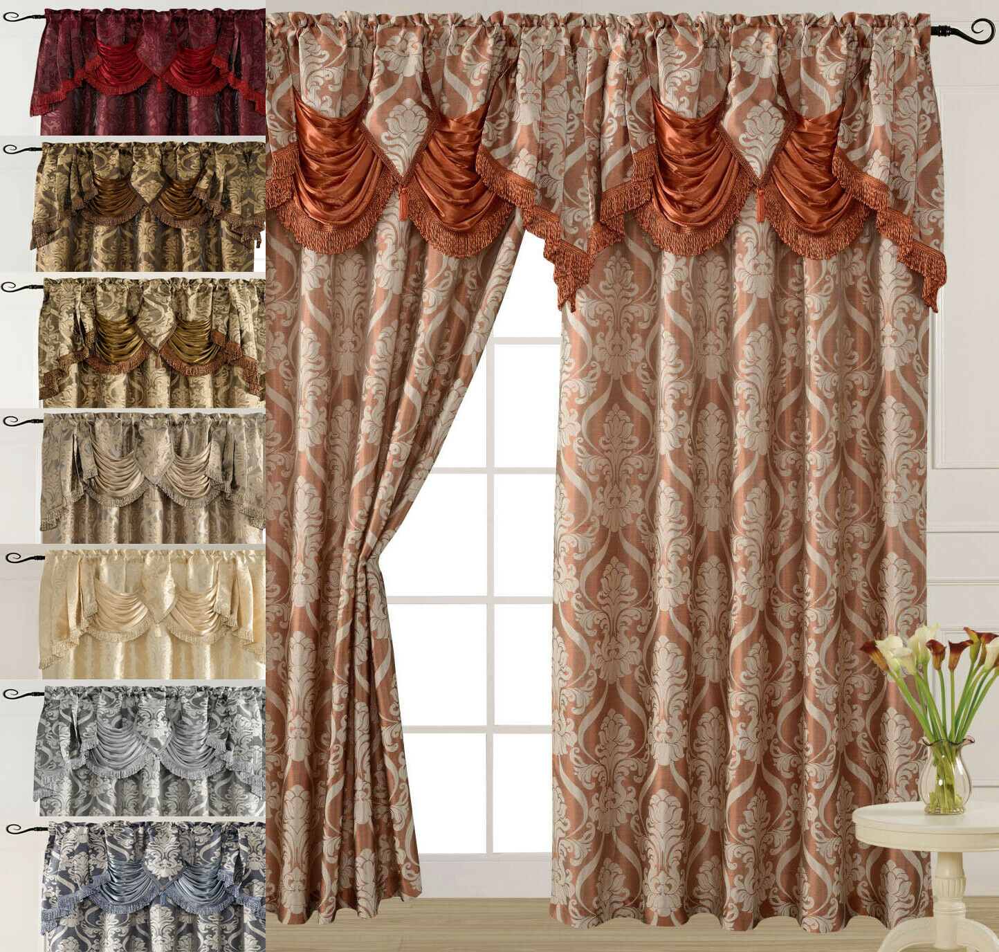 Luxury Jacquard Curtain Panel With Attached Waterfall Valance 54" X 84" Ashley