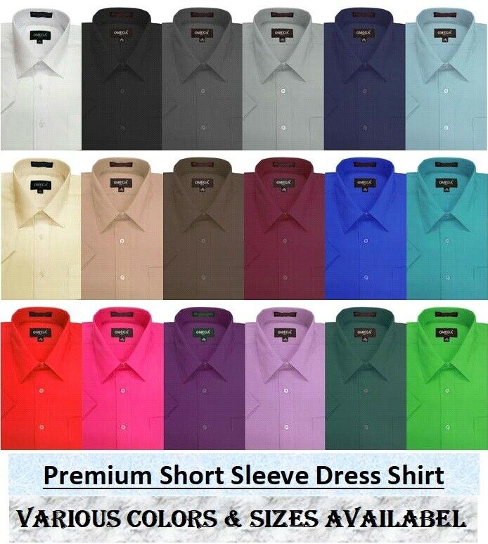Mens Solid Regular Fit Premium Short Sleeve Dress Shirts, 26 Colors, Size S~5xl