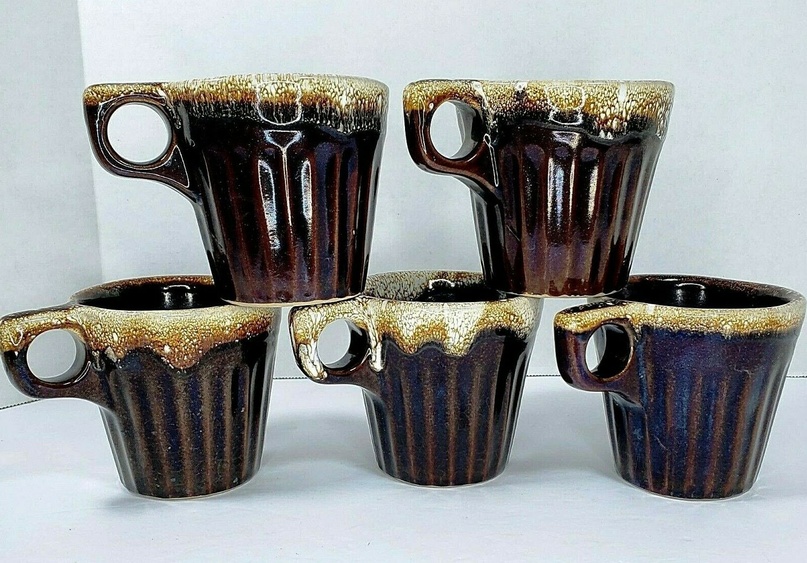 Set Of 5 Ovenproof Usa Brown With Frothy White Drip Glaze Rib Pottery Coffee Mug