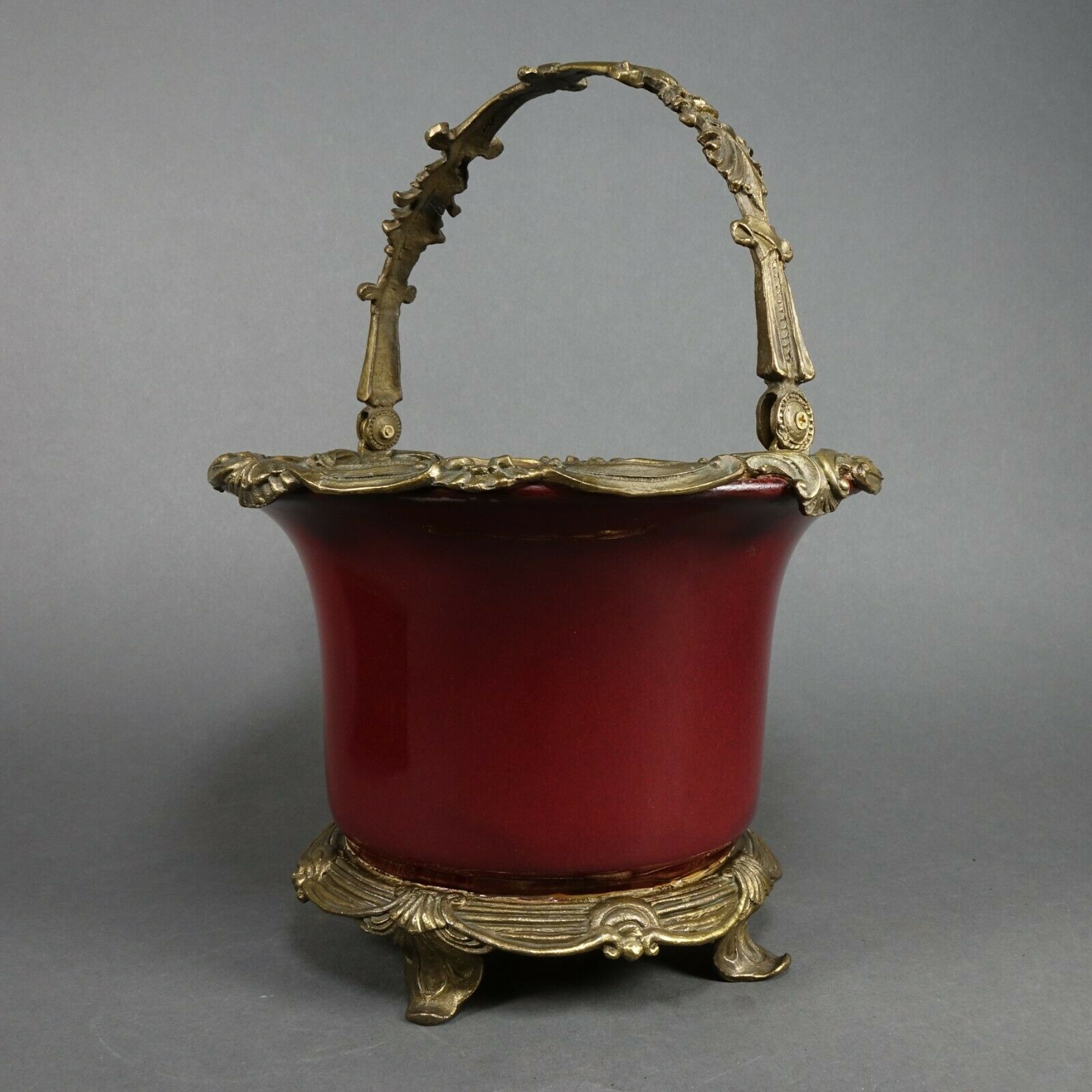Vintage Ceramic Red Porcelain Brass Footed And Ornate Brass Handle Ice Bucket