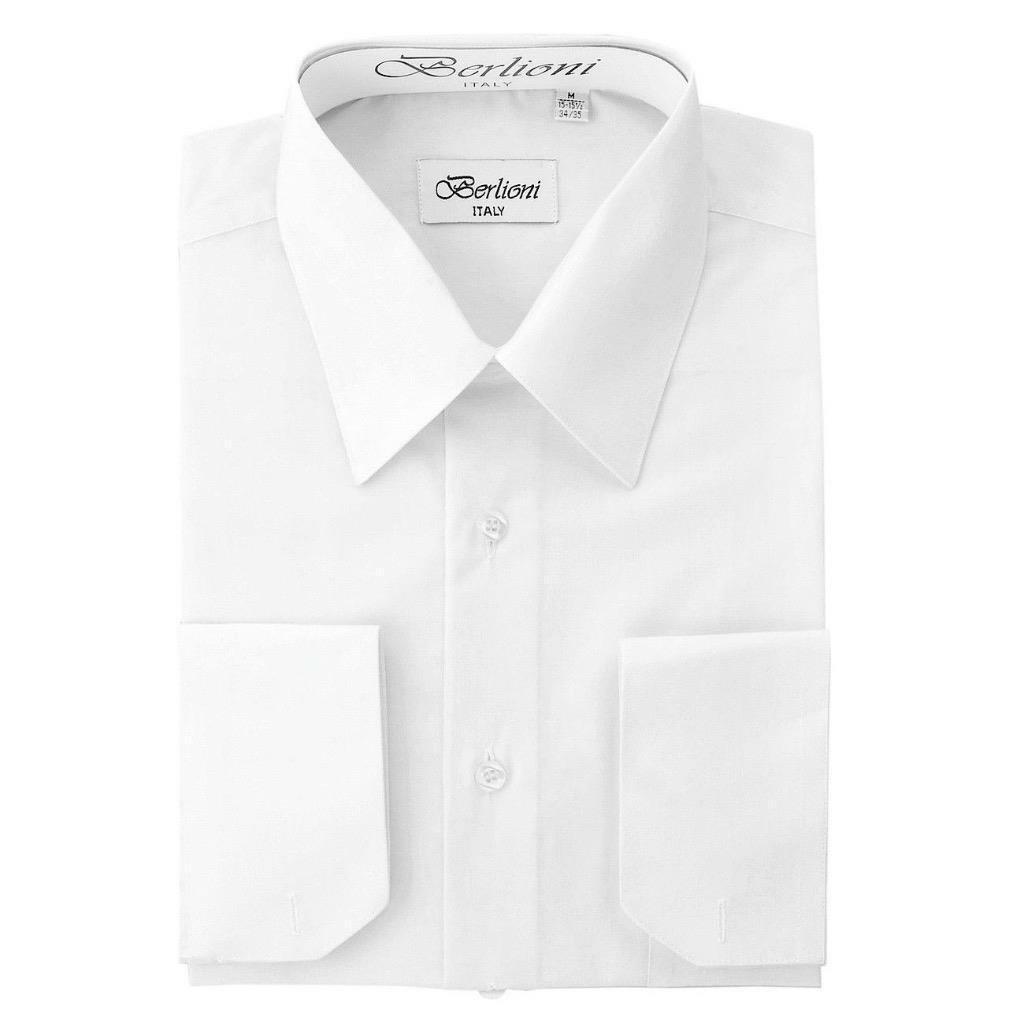 Berlioni Italy Men's Premium French Convertible Cuff Solid Dress Shirt White