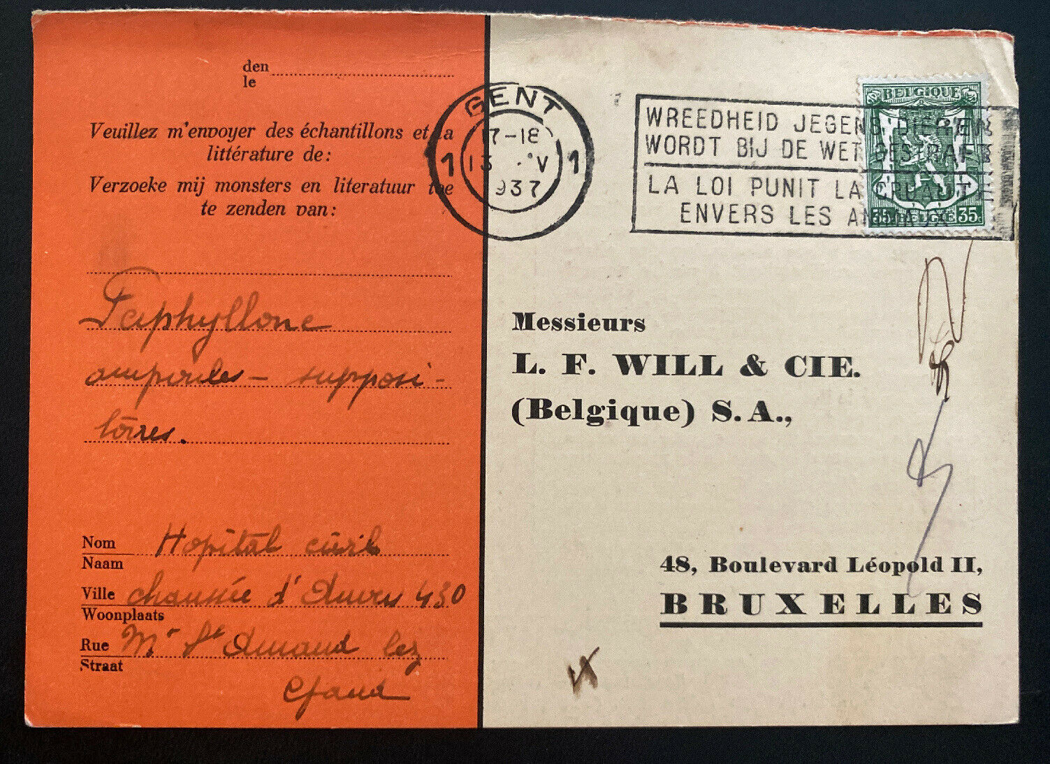 1937 Gent Belgium Postcard Pharmaceutic Advertising Cover To Bruxelles