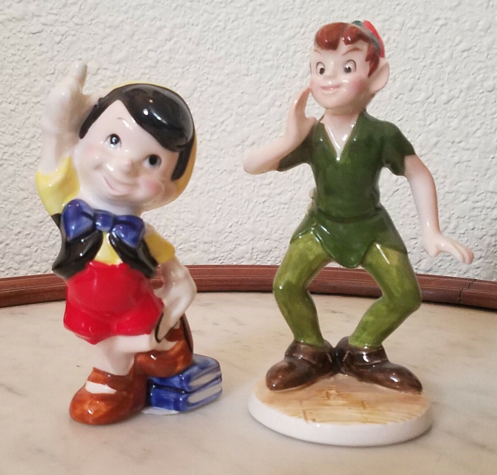 2 Disney Pinocchio 4" School + Peter Pan 5" Crowing Ceramic Figures Japan Taiwan