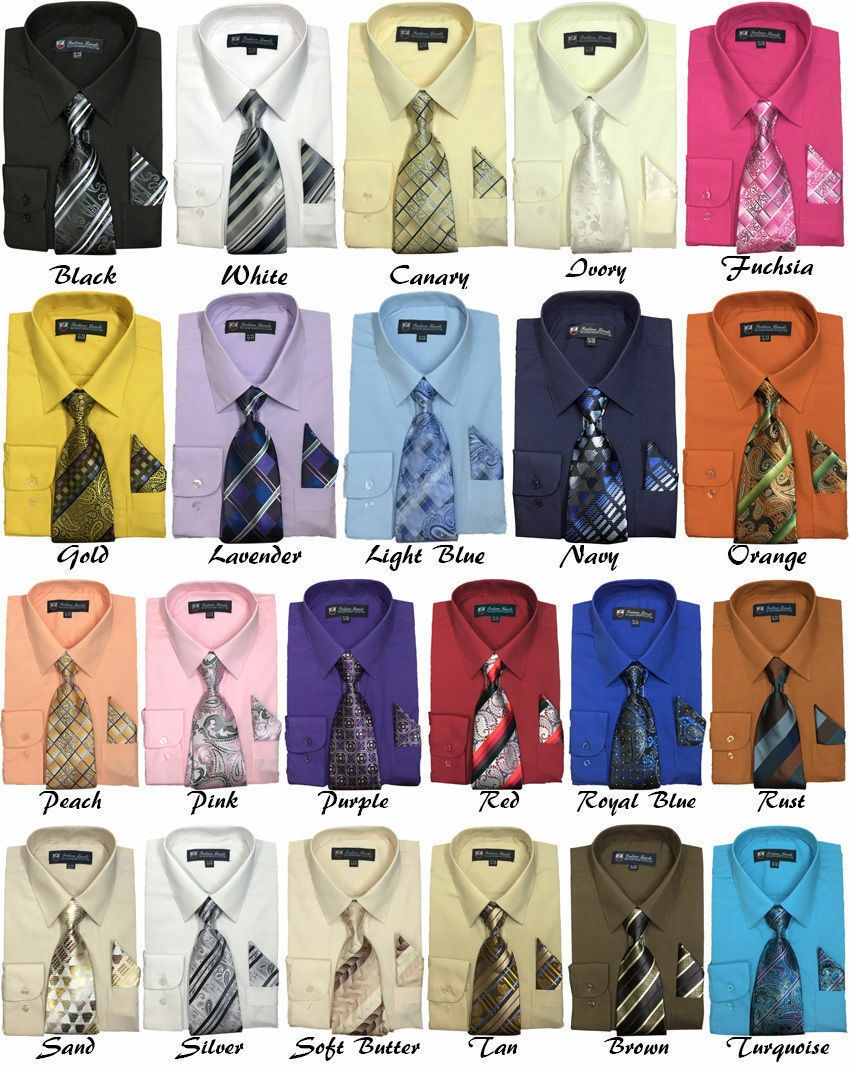 Men's Cotton Blend Dress Shirt With Tie And Handkerchief 22 Different Colors 21b