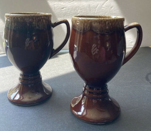 Gorgeous Pair Of Hull Brown Drip Pedestal Irish Coffee Mugs