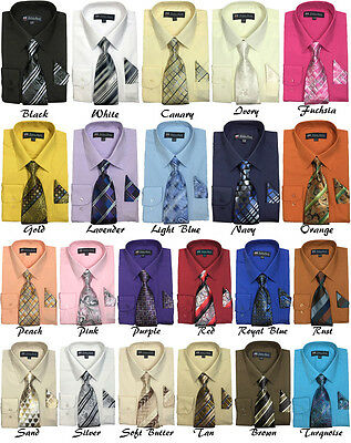 Men's Cotton Blend Dress Shirt With Tie And Handkerchief In 22 Different Colors