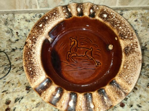 Vintage Hull Pottery Ashtray W/running Deer Brown Drip Glaze Man Cave Cabin