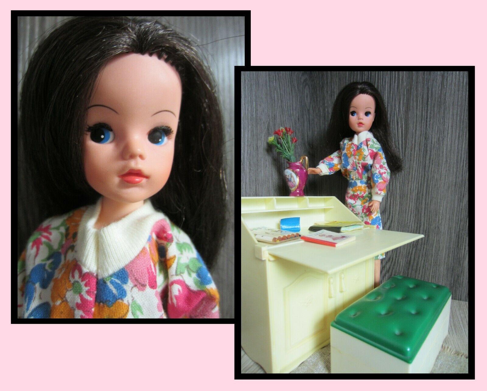 Vintage Brunette Hair Sindy Doll, Pedigree, With Desk, 1980 Coffee Party Dress
