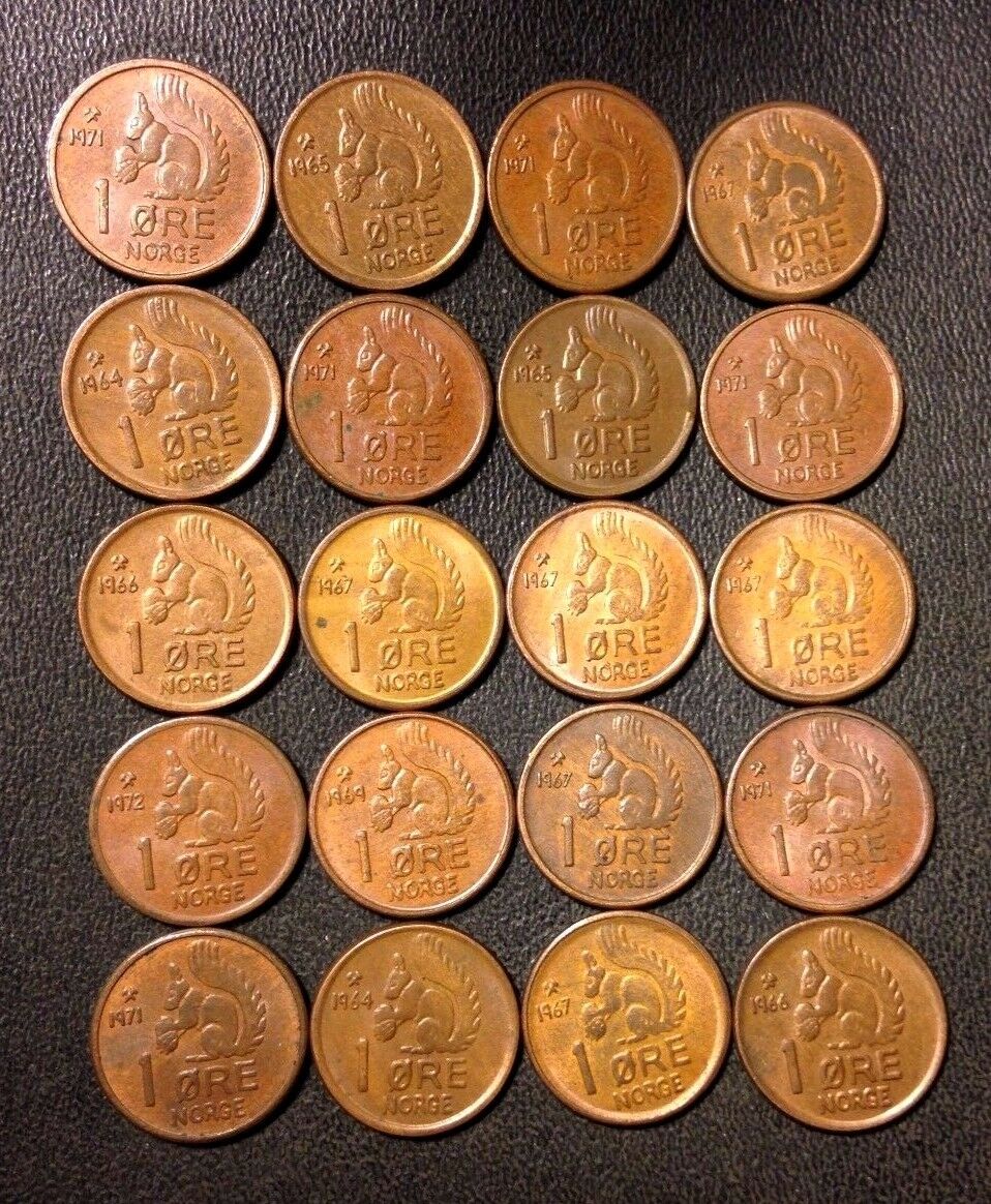 Vintage Norway Coin Lot - Ore - Squirrel Series - 20 Great Coins - Free Shipping