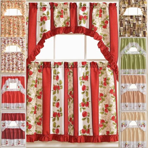 Kitchen Curtains 3 Pc. Set With Attached Valance Tier And Swag Set Red Brown