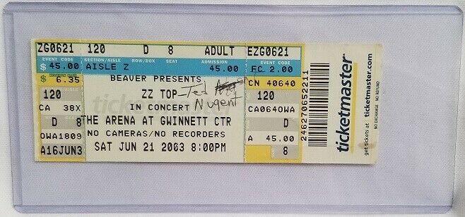 Zz Top / Ted Nugent - Vintage 2003 Unused Whole Full Concert Ticket