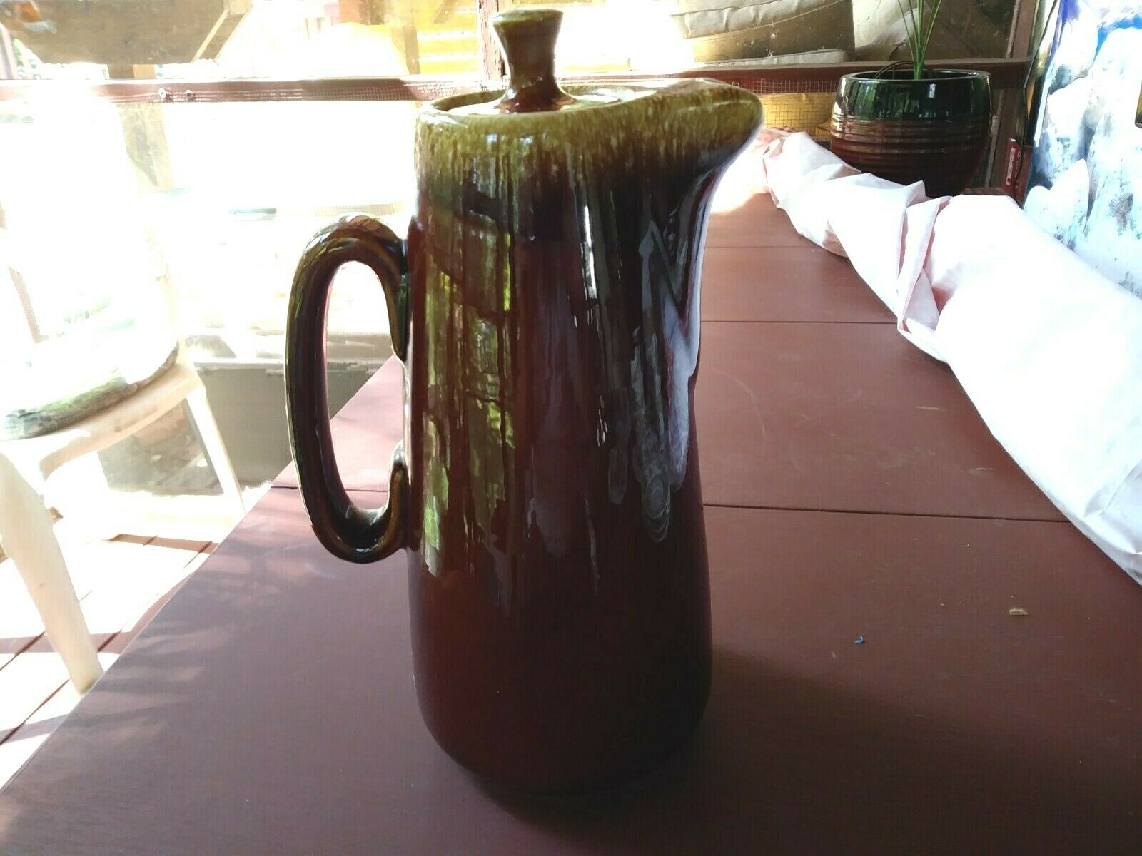 Hull Oven Proof Brown Drip Glaze Carafe Coffee Pot Pitcher With Lid  11"