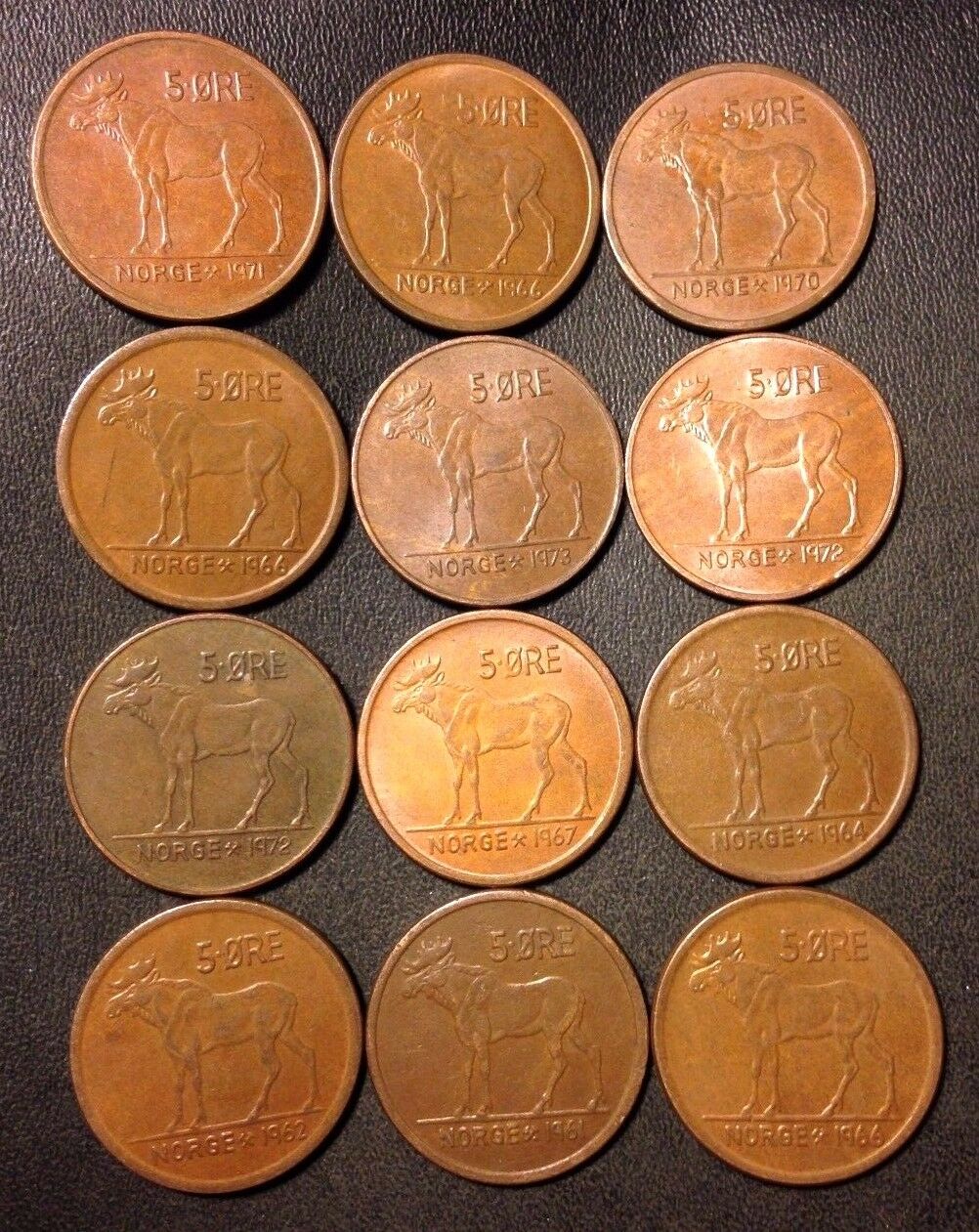 Vintage Norway Coin Lot - 5 Ore - Moose Series - 12 Great Coins - Free Shipping