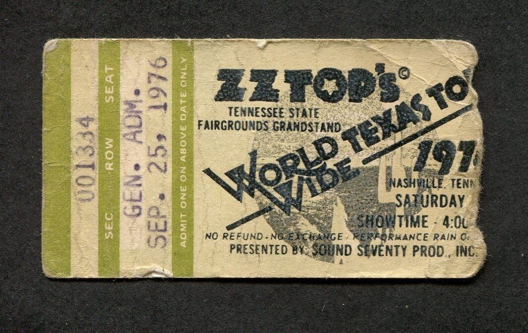 1976 Zz Top The Band Concert Ticket Stub Nashville World Wide Tour Texas Tejas