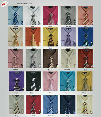 Men's Dress Shirt + Matching Tie + Handkerchief Set 25 Unique Colors Size 15~20
