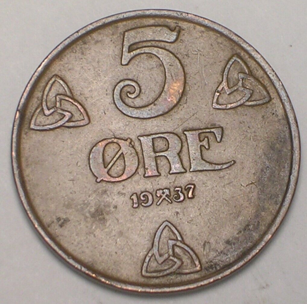 1937 Norway Norwegian 5 Ore Crowned Monogram Wwii Era Coin