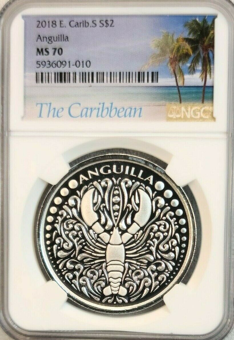 2018 East Caribbean States Silver 2 Dollars Anguilla Lobster Ngc Ms 70 Perfect