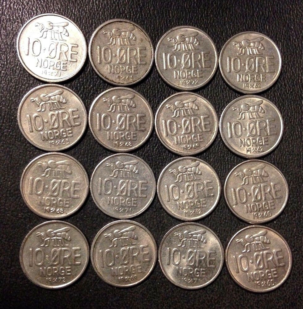 Vintage Norway Coin Lot - 10 Ore - Bee Series - 16 Uncommon Coins - Free Ship