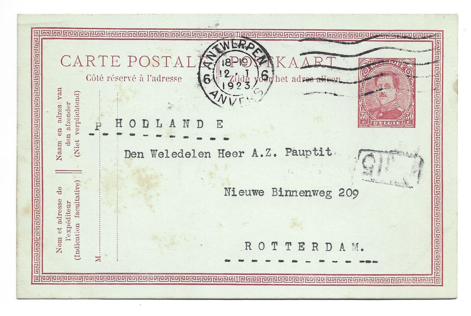 Belgium Belgique - 1923 Postal Stationery Anvers Machine Cancel To Netherlands