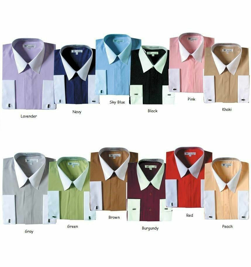 Men's French Cuff Solid Dress Shirt 03f2 Classic Fit Contrast Collar