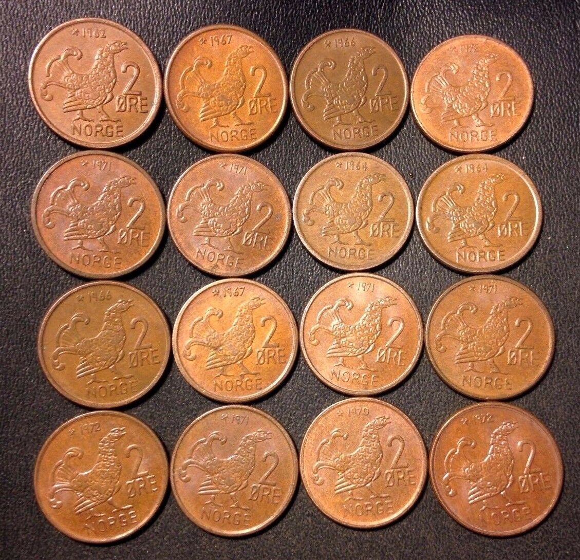 Vintage Norway Coin Lot - 2 Ore - Moor Hen Series - 16 Coins - Free Shipping