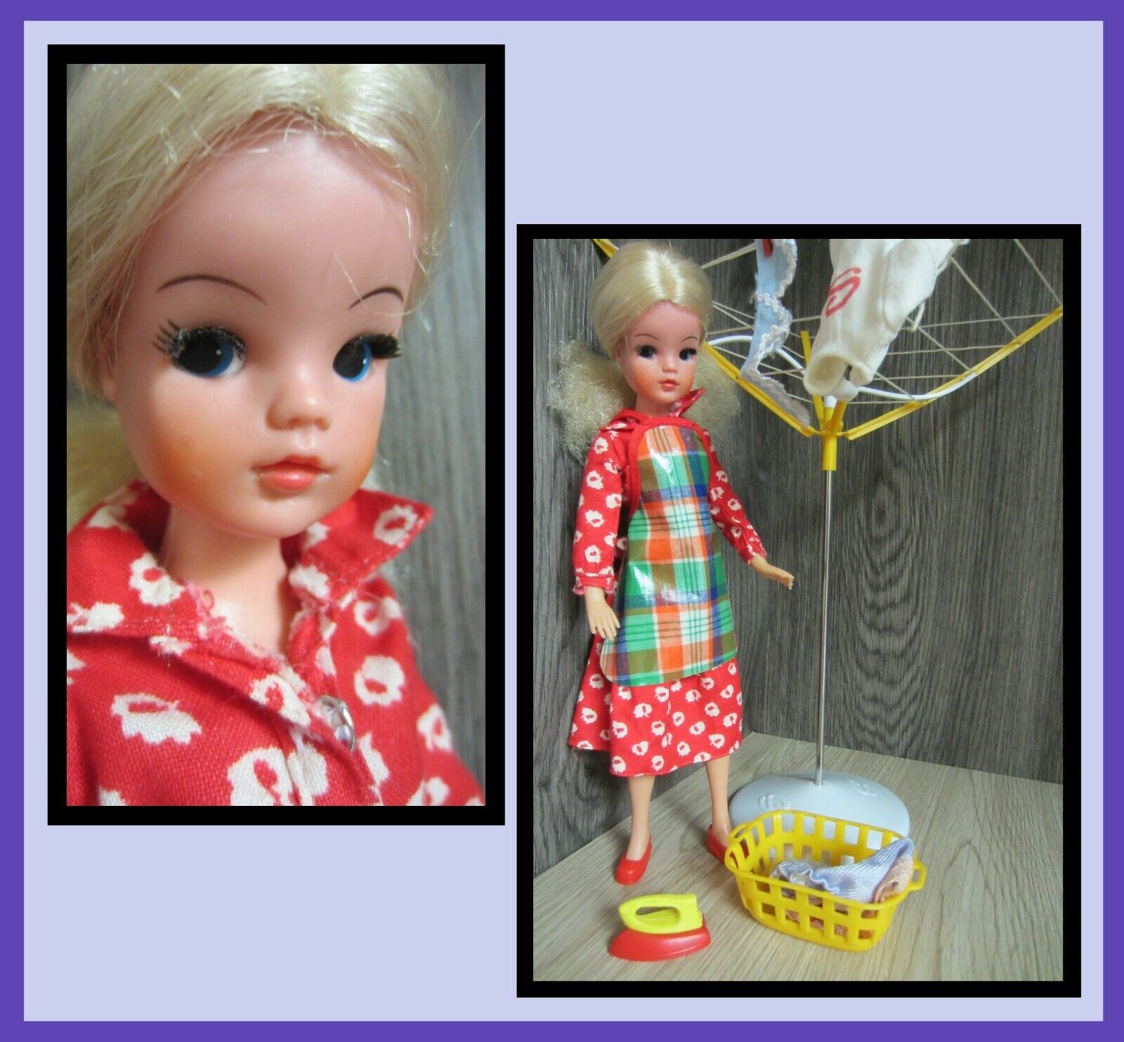 Vintage Blonde Sindy Doll, Pedigree, 1980 City Shopper + Rotary Dryer, Laundry