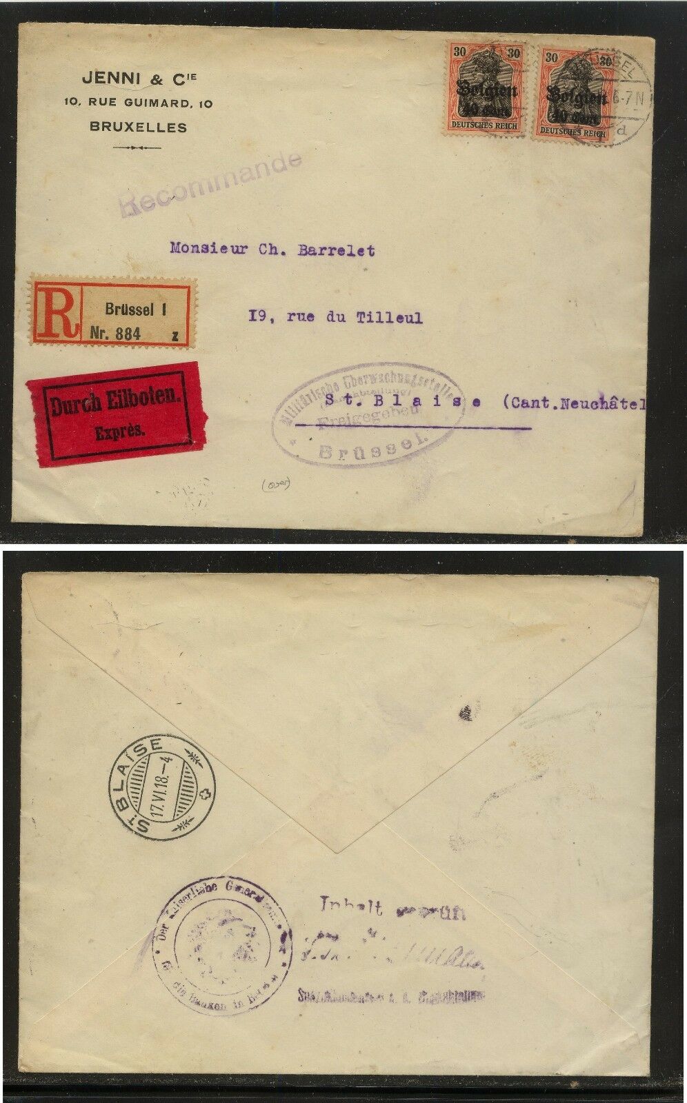 Belgium  N19 (2)  On Registered Express Cover  1918 To Switzerland    Kl0910