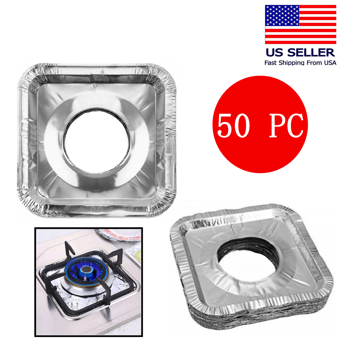 (50 Pack) Disposable Aluminum Foil Square Bib Liners Stove Gas Burner Covers