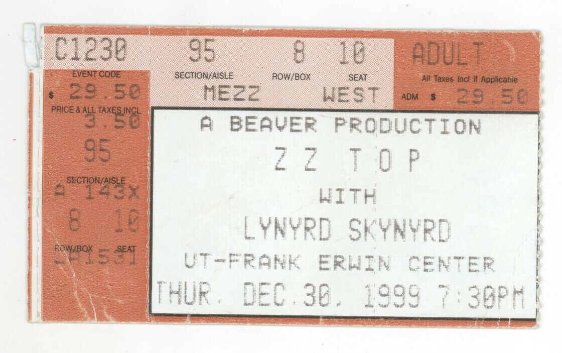 Rare Zz Top & Lynyrd Skynyrd 12/30/89 Austin Tx Erwin Center Ticket Stub!